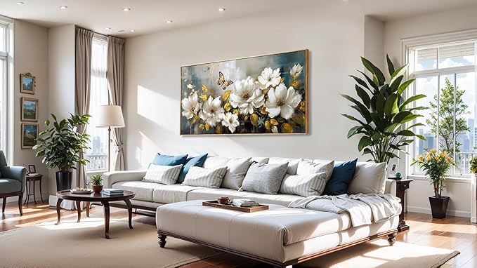 Wall Art Modern Flower Artwork Paintings White Blossom Gold Leaf Butterfly Landscape Picture wall Decor for Living Room Bedroom Kitchen 24"x48" with Framed