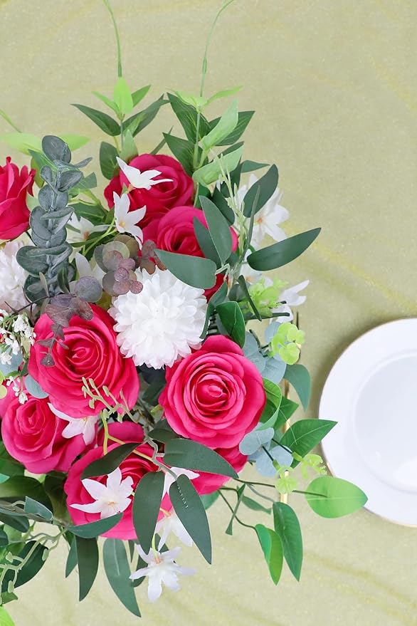12pcs Roses Artificial Flowers Real Touch Fake Flowers with Long Stems Silk Flowers for Wedding Bouquet Centerpices Decorations Party Bridal Baby Shower Home Decor (Hot Pink)