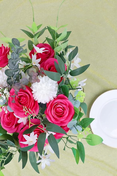 12pcs Roses Artificial Flowers Real Touch Fake Flowers with Long Stems Silk Flowers for Wedding Bouquet Centerpices Decorations Party Bridal Baby Shower Home Decor (Hot Pink)