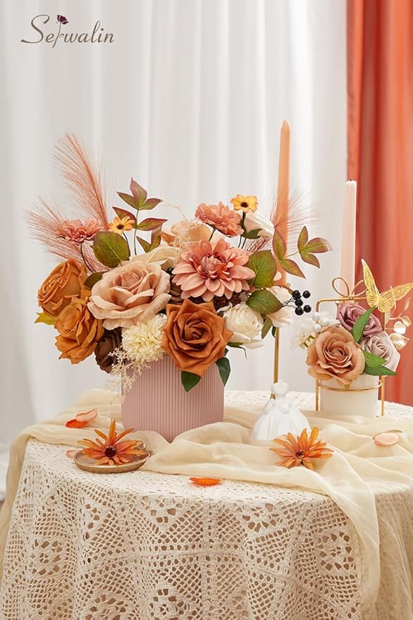 Serwalin Orange Fall Flowers for Decoration, Artificial Flower Centerpieces Decor Autumn Floral Arrangements, Fake Flower Boho Decor DIY Terracotta Flowers