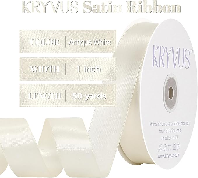 Antique White Satin Ribbon, Double Faced 1 Inch X 50 Yards Antique White Ribbon, Premium Satin Ribbon for Gift Wrapping, Crafts, Hair Bow Making, Sewing, Flower Bouquet, Wedding Party Decor