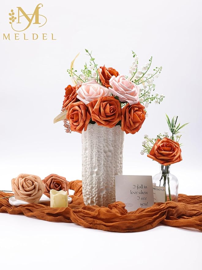 Meldel Artificial Flowers 50pcs Real Looking Burnt Orange Foam Fake Roses with Stems for DIY Wedding Bouquets Bridal Shower Centerpieces Floral Arrangements Home Decorations Crafts