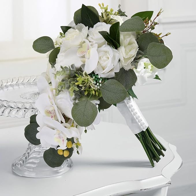 Artificial Bridal Bouquet, 11 Inch White Artificial Wedding Bouquets for Bride Bridal Bouquet Bridesmaid Bouquet Tossing Bouquet for Wedding Ceremony and Anniversary(White)