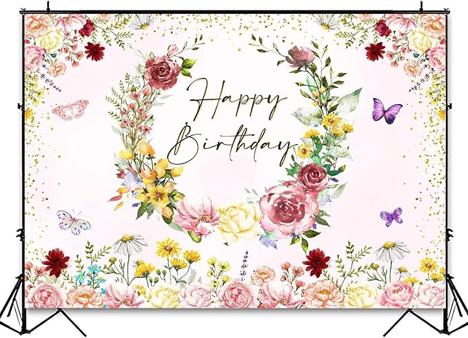 InMemory Spring Wildflower Backdrop Wild flower Birthday Decorations for Girl,Watercolor Butterfly Floral Happy Birthday Banner Background for Wildflower 1st Bday Party Supplies Photobooth Props 8x6ft