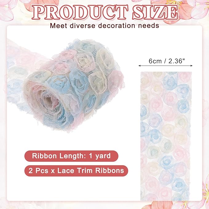 uxcell 2PCS Lace Trim Ribbon, 2.36 inch - 1 Yard 3D Rose Floral Embroidery Ribbons Edge Trimming for Sewing, Wedding Dress, DIY Crafts, Decoration Accessories, Color Blue