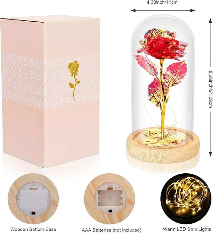 Beferr Mom Birthday Gifts for Women, Galaxy Glass Rose Forever Preserved Flowers for Delivery Prime Light Up Rose in Glass Dome Christmas Rose Gifts for Her Wife Daughter Friends, Red