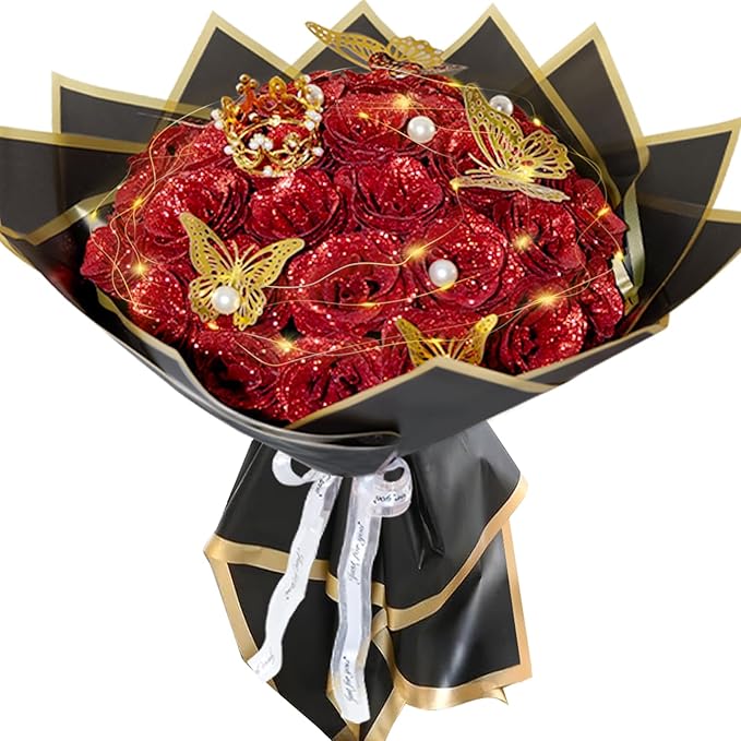 Red Glitter Roses Bouquet, 36 Pcs Shiny Glitter Flowers Bouquet, Everlasting DIY Artificial Roses Bouquet for Christmas, Birthday, Anniversary, Wedding, Engagement