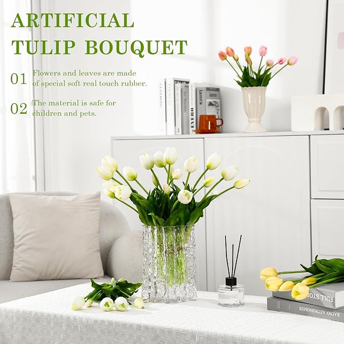 15PCS Artificial Tulips Real Touch White Faux Latex Flowers Lifelike Fake Tulip Bouquet Flowers Arrangements for Wedding Home Kitchen Garden Table Party Decoration