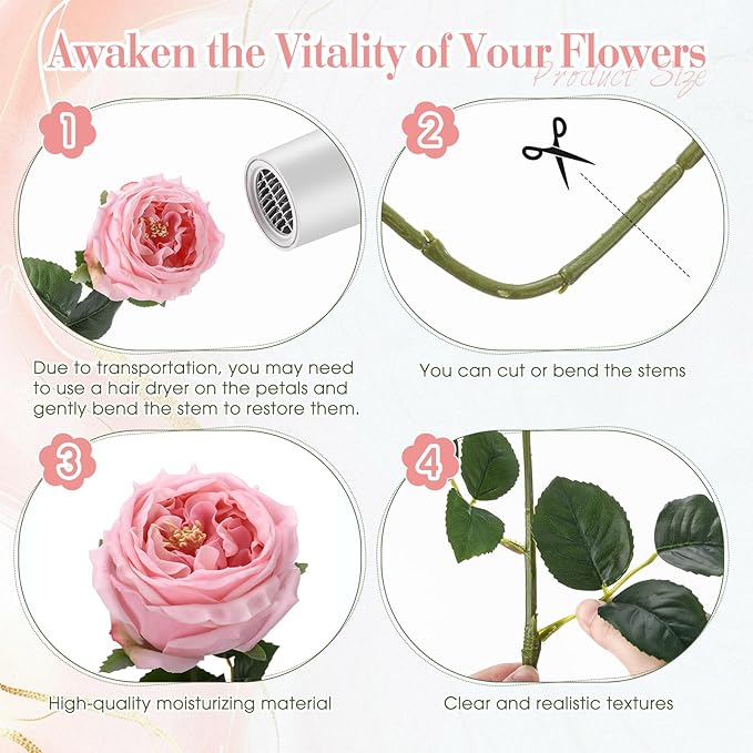 Giegxin 20 Pcs Real Touch Peonies Austin Roses Artificial Flowers, Faux Look Real Long Stems Fake Flower with Big Blooms for Christmas Valentines Wedding Party DIY Arrangement Home Decor(Pink)