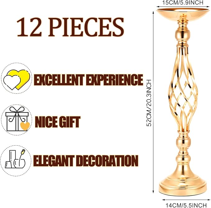 12Pcs Large Wedding Centerpiece Table Decorations Tall Metal Flower Arrangement Stand Elegant Flower Gold Vases for Centerpieces Candle Holder for Tables Wedding Party Ceremony Birthday Event Decor