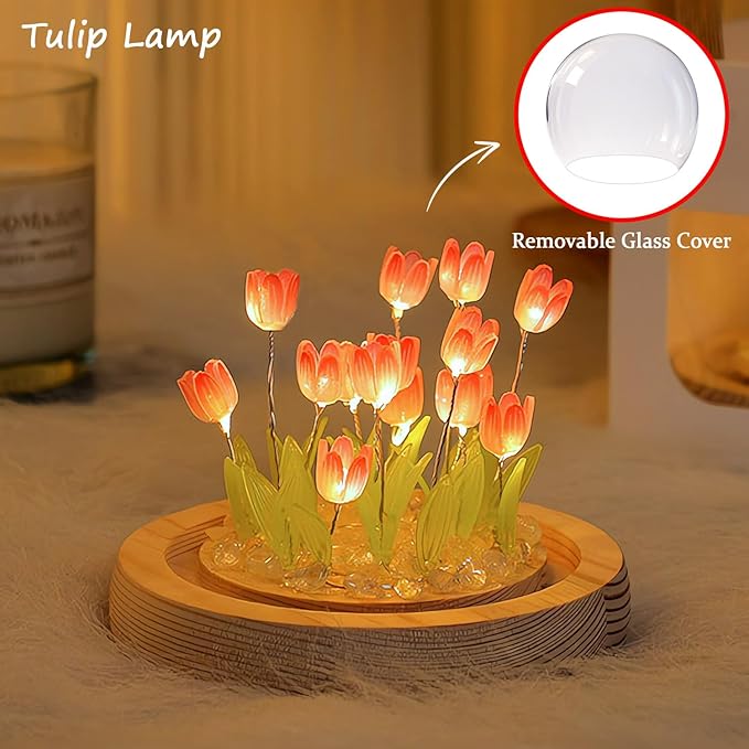 Tulips Lamp Gifts for Women, Tulips Artificial Flowers Night Light, Light Up Pink Tulip in Glass Dome for Bedroom, Unique Birthday Gifts for Women, Mom, Sister, Friends, Cute Home Decor