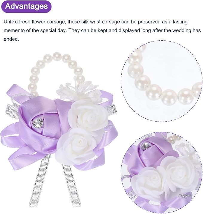 MECCANIXITY 8Pcs Wrist Corsage Artificial Flower Bracelets Rose Wrist Bride Groom Decorative for Wedding Ceremony Prom Party Anniversary Light Purple