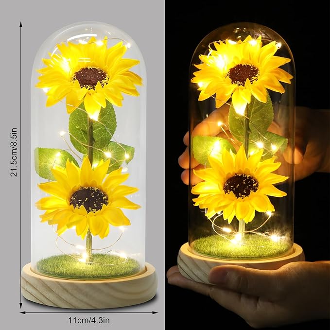 Christmas Sunflower Gifts for Women Mom Grandma, Enchanted LED Sunflower Lamp, Unique Artificial Flowers in Glass Dome, Present for Christmas,Birthday, Anniversary, Wedding,Mother's Day