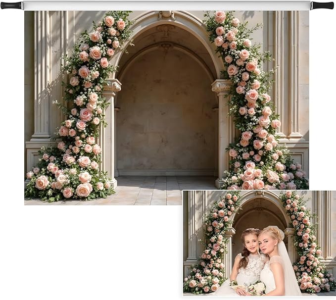 7x5ft Retro Pink Roses Flowers Backdrop Spring Blooming Floral Arch Old Palace Wall Background for Wedding Mothers Day Valentines Day Bridal Birthday Princess Couples Women Portraits