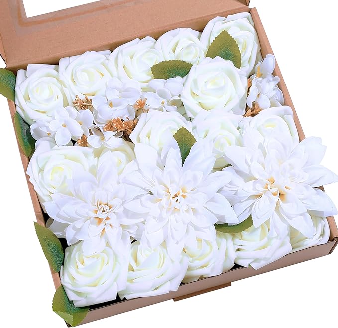 SITUMEIZI Roses Artificial Flowers Combo White Flowers Silk Foam Flowers with Stems for DIY Bridal Wedding Bouquet Baby Shower Party Home Decor Floral Arrangements 26pcs