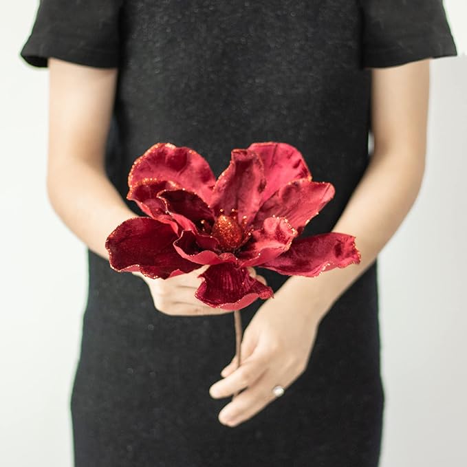 KI Store Velvet Christmas Poinsettia Burgundy Artificial Magnolia Flower Ornaments Floral Picks Stems for Christmas Tree Decorations Pack of 6 for Xmas Tree Wedding Centerpiece