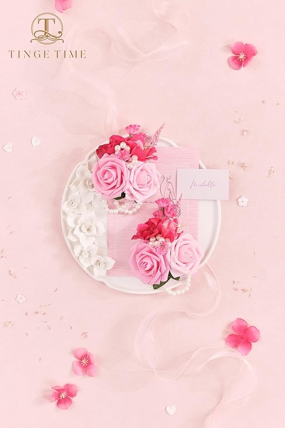 TINGE TIME Set of 2 Peach Pink Wrist Corsage Bracelets Pearl Wristlet Band Bridesmaid Bracelet for Wedding Ceremony Bridal Shower Wedding Artificial Flower Prom Hot Pink