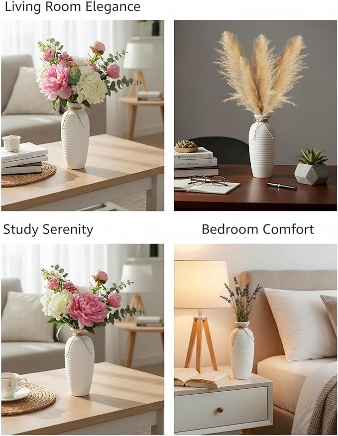 14.4 Inch Tall Ceramic Vase, Large Rustic Vintage Farmhouse Threaded Vases for House Book Shelf Office Coffee Desk Dining Fireplace,White