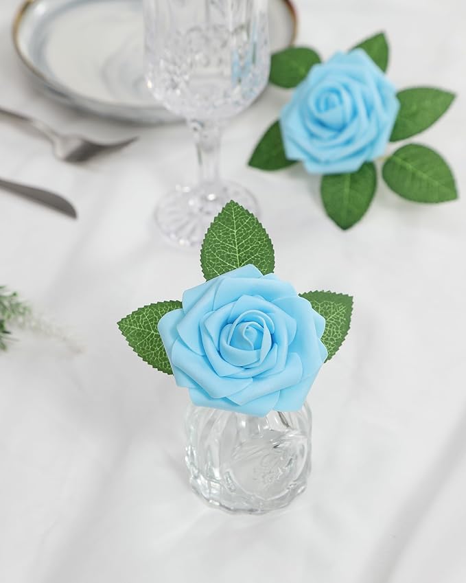 DuHouse 25Pcs Artificial Roses Flowers Fake Rose with Stems Real Touch Foam Flowers for DIY Wedding Bouquet Baby Shower Centerpiece Floral Arrangement Party Home Decor (Sky Blue)
