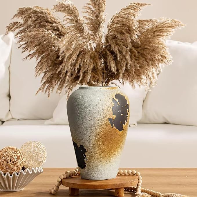 11" Large Handcrafted Ceramic Vase - Vintage Rustic Iron Glaze Pattern Farmhouse Flower Vase for Home Decor, Decorative Vase for Living Room Dining Table Fireplace Bookshelf Office
