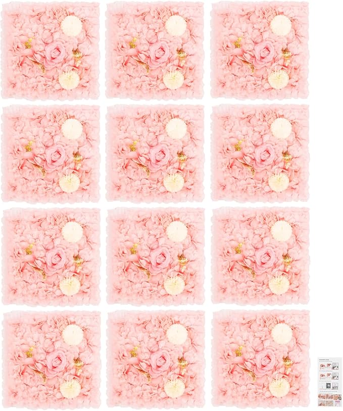 Flower Wall Panel Set, Artificial Wall Flower Backdrop,Artificial Flower Wall Mat Silk Rose Flower Panels,Hydrangea Rose Floral Panel for Party Wedding (12pcs Pink, Champagne)