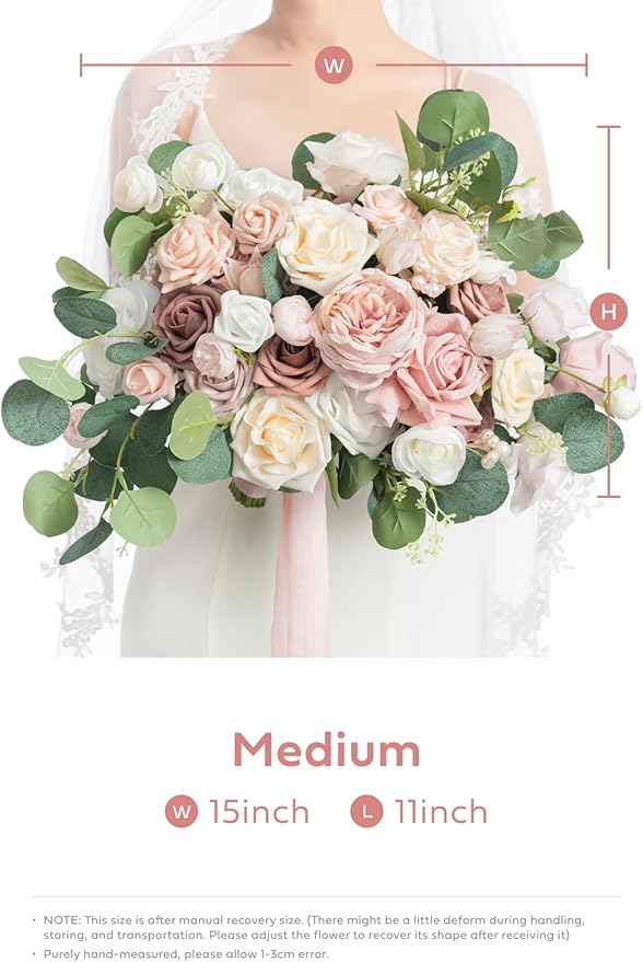 Ling's moment Pink Wedding Bouquets for Bride, Dusty Rose Bridal Bouquets for Bride, 15 Inch Free Form Artificial Wedding Flowers Bouquets