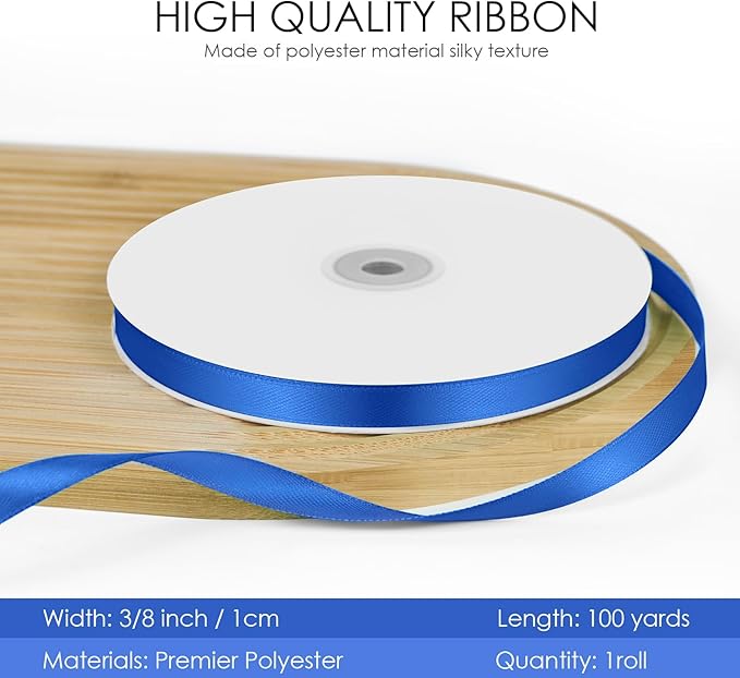 100 Yards 3/8 inch Satin Ribbon, Fabric Ribbon Solid Color Perfect for Gift Wrapping, Wedding, Handmade Bows, Floral Bouquets and Party Decoration(Royal Blue)