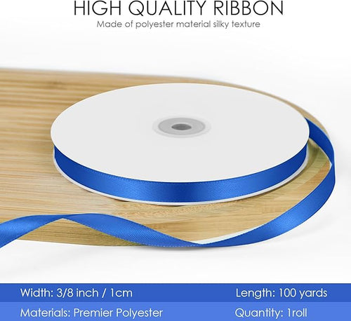 100 Yards 3/8 inch Satin Ribbon, Fabric Ribbon Solid Color Perfect for Gift Wrapping, Wedding, Handmade Bows, Floral Bouquets and Party Decoration(Royal Blue)