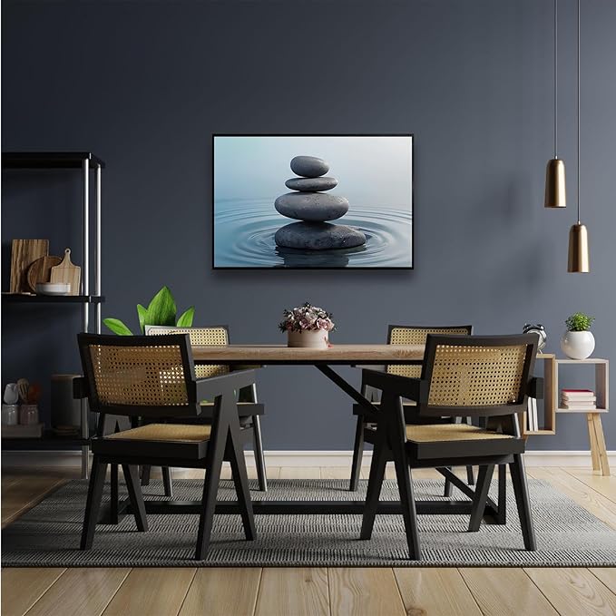 Zen wall art Harmonious grey stones stacked on a calm surface of water Serene Zen decor suitable for tranquil homes and spaces of meditation 24x36in Metal blackFramed