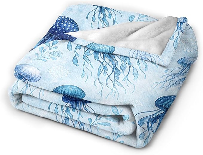 Jellyfish Blanket Marine Life Throw Blanket Blue Ocean Sea Soft Cozy Fleece Sealife Fuzzy Stuffed Plush Animal Flannel Gifts for Girls Women Boys Kids Adults 50"X60"