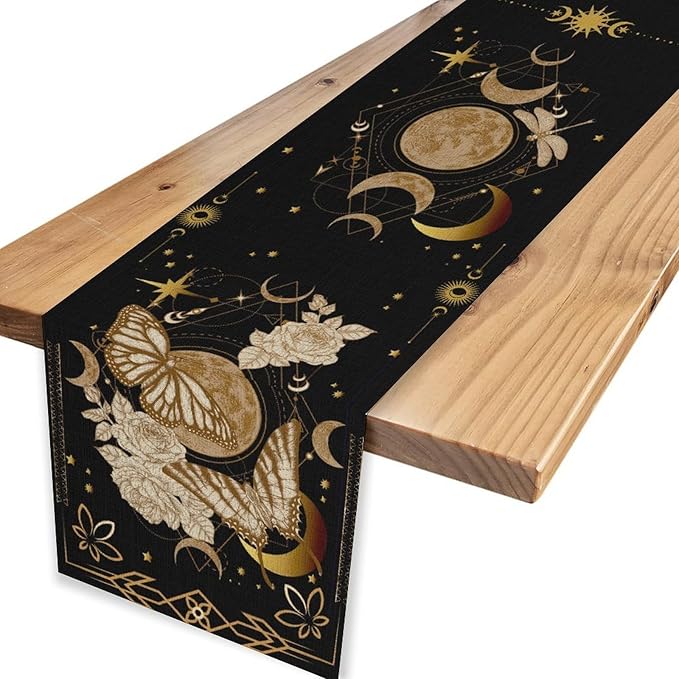 Gothic Moth Table Runner, Boho Floral Gothic Sun Moon Phase Mystical Witchy Starlight Coffee Table Center Decor for Home Kitchen Dining Patio Holiday Party Table Decorations 13x72 inches