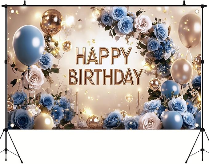 Blue and Gold Happy Birthday Backdrop Banner Elegant Floral Balloon Photography Background Birthday Party Decorations Glittering Rose Blue Gold Balloons Banner Supplies 71x43 Inch