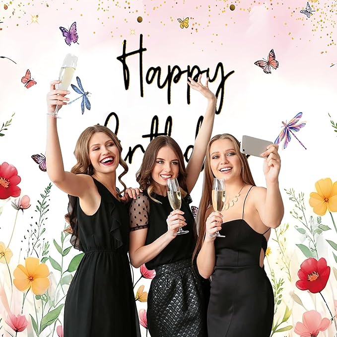 7x5ft Pink Floral Decoration Backdrop for Women Girl Birthday Party Spring Flower Bush Garden Theme Background Happy Birthday Photography Supplies Greenery Wildflower Banner