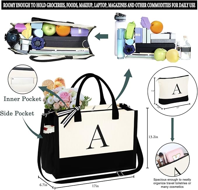YOOLIFE Christmas Gifts for Women - Initial Tote Bag & Makeup Bag, Womens Christmas Stocking Stuffers Mom Wife Teacher Friend