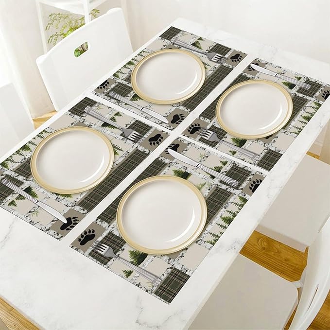 Forest Bear Moose Place Mats Set of 6 Pine Tree Wild Animal Kitchen Dining Table Mat for Indoor Outdoor Decorations 12 X 18 Inch 6 PCS, Style-19