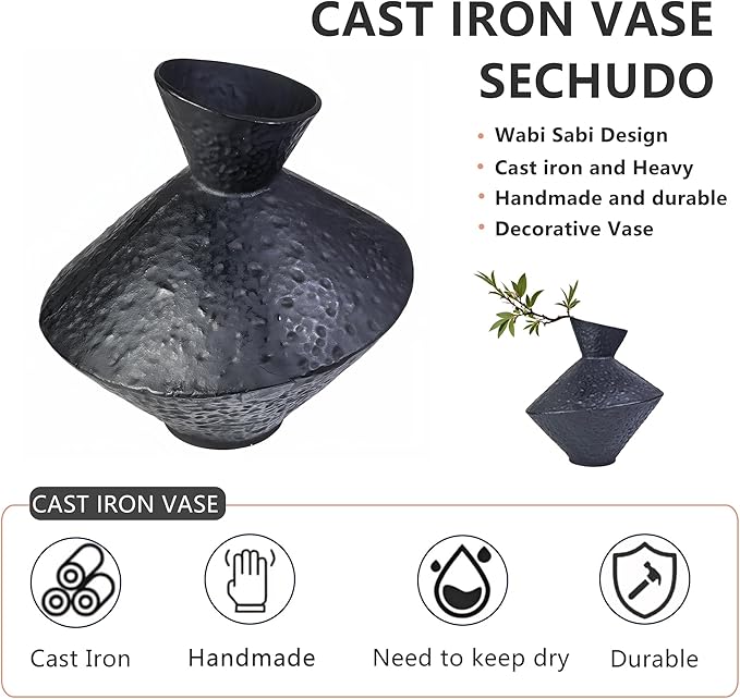Unique Handmade Cast Iron Vase for Dried Flowers or Pampas Grass, 8.86" H Heavy and Durable Wabi Sabi Vases, Handicraft, Matte Black Vase for Modern, Rustic and Farmhouse Decor