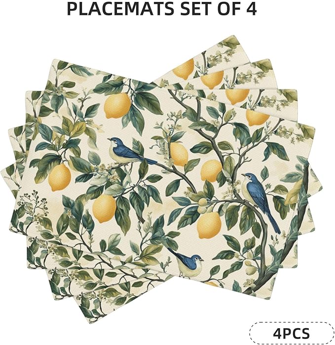 Lemon Placemats Set of 4 Washable Table Mats Summer Yellow Lemonade Stand Heat-Resistant Cotton Linen Place Mats for Dining Table Kitchen Indoor Outdoor Party Holiday Décor