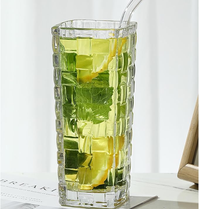 Clear Glass Vase for Flowers Square Embossed Rectangle 6in High Glass Bud Vases Small Vase for Flowers Plant Terrarium Candle Holder Water Glasses for Wedding Centerpiece Office Table, Rattan