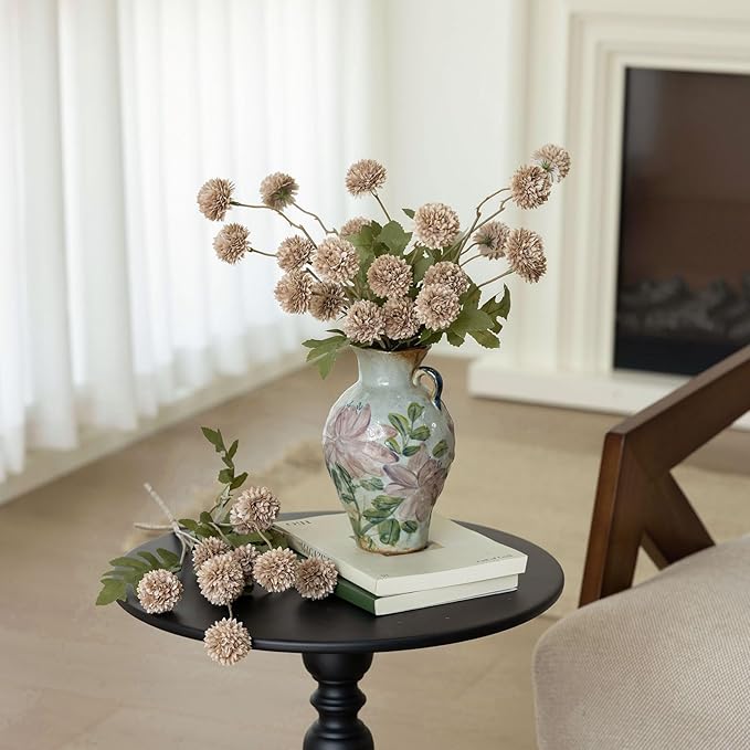 mizii 6Pcs Fake Silk Pompon Mum Artificial Flowers Bulk Small Faux Chrysanthemums with Stems Realistic Floral Decorations for Wedding DIY Bouquet Centerpieces Shower Vase Home Decor (Khaki)