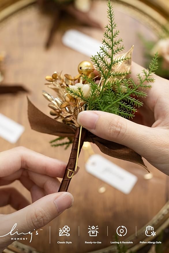 Ling's moment Boutonniere for Men, 6pcs Groom Groomsmen Boutonniere, Artificial Flowers for Wedding Decor/Prom/Homecoming, etc.Walnut Brown