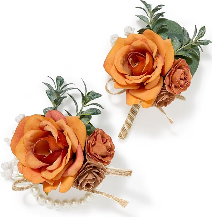 Serwalin Orange Corsage and Boutonniere Set, Boutonniere and Wrist Corsage Wristlet Prom Homecoming Wedding Flowers Accessories Prom Suit Decorations (Orange)
