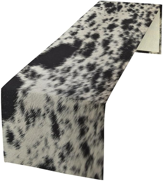 Cow Skin Print Table Runner, Rustic Country Farmhouse Animal Fur Skin Western Farm Black Cowhide Print Dinner Runner Table Decoration for Home Kitchen Dining 13x108in