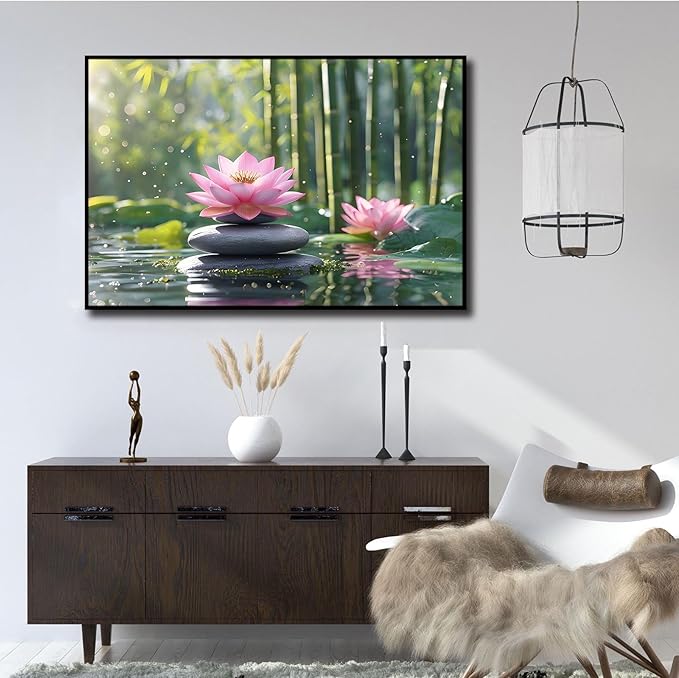 Ethereal pink lotus on obsidian Sunlit bamboo forest with sparkling water drops Poetic nature inspired wall art for tranquil homes and mindful spaces 16x24in Metal blackFramed