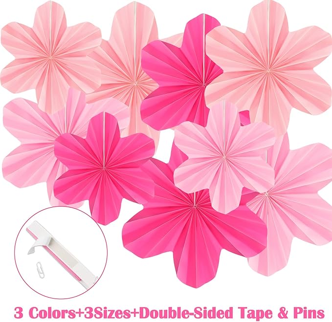 9 Pcs Pink Paper Flower Party Decorations, Hot Pink Paper Fans Hanging Ornaments Pink Birthday Decorations for Classroom Floral Backdrop Wedding Baby Showers Wall Decor