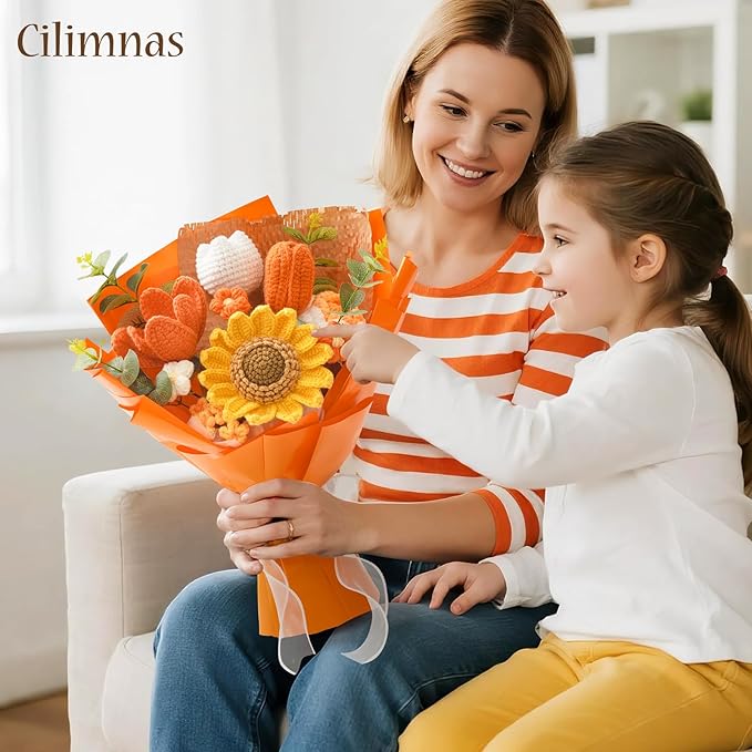 Cilimnas Crochet Flower Bouquet,Orange Knitted Flowers, Handmade Sunflowers Tulips Roses Bouquet for Birthday Anniversary Party Mother's Day Graduation Gifts