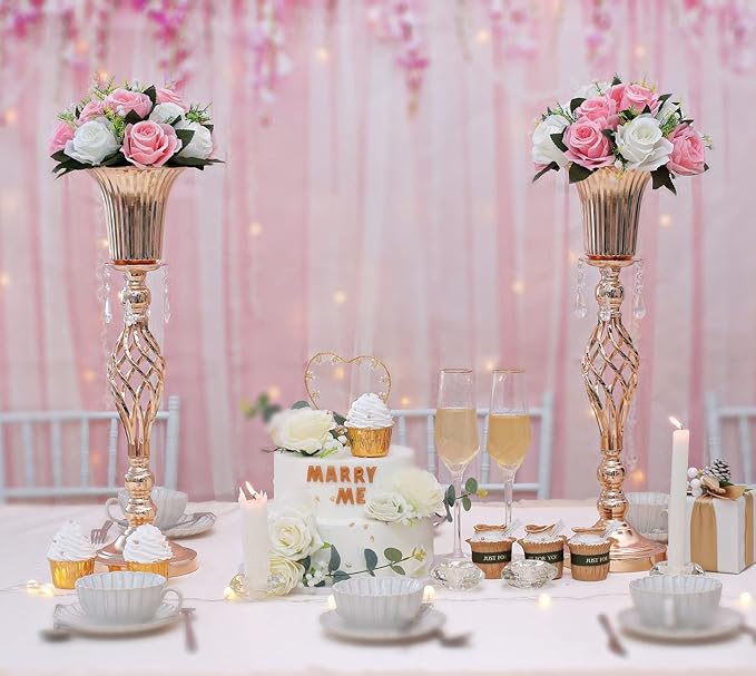 2 Pcs Elegant Metal Gold Floral Vase, Beaded Crystal Gold Trumpet Crown Vase, Perfect for Wedding Banquets, Birthdays, Anniversaries, Holiday Parties and Other Important Event Centerpieces(23.2")