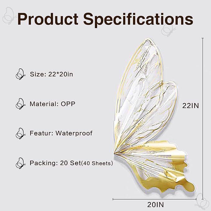 LLBWKC 20 Sets Butterfly Flower Wrapping Paper, Waterproof Butterfly Flower Bouquet Wrapping Paper, OPP Clear Floral Wraps for Florist Supplies, Gift Packaging, DIY Craft 20x22 in (Gold Butterfly)