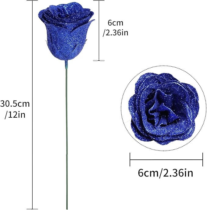 Glitter Roses,30PCS Royal Blue Flowers Artificial Roses with Stems for Wedding Bouquet Party Christmas Home Decor(Royal Blue)