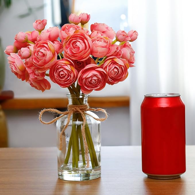 Ranunculus Artificial Flowers with Vase, 8 Pcs Faux Silk Ranunculus Flower in Vase, Small Flower Arrangements for Home Decor Indoor, Table Centerpiece. (Coral)