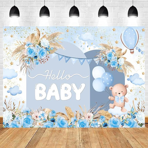 15x8ft Hello Baby Backdrop Blue Gold Boho Floral Bear Baby Shower Photography Background Balloon Stars Clouds Banner Decorations Welcome Newborn Celebration Party Portrait Photo Booth Prop